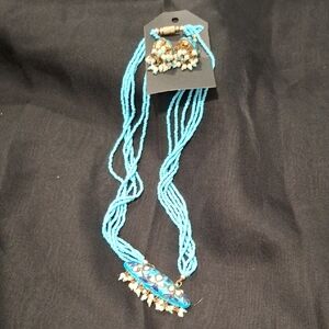 Blue Beaded Necklace and Earring Set